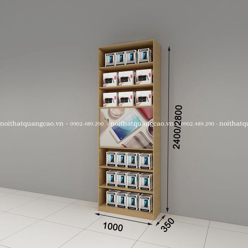 Tủ kệ trưng bày điện thoại kết hợp trang trí Poster